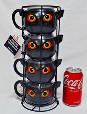 SET OF 4 HALLOWEEN BLACK BAT MUGS IN STACKABL...