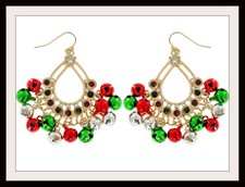 Christmas Red  Green Bells Earrings Crystal Accents Dangle Gold Holiday