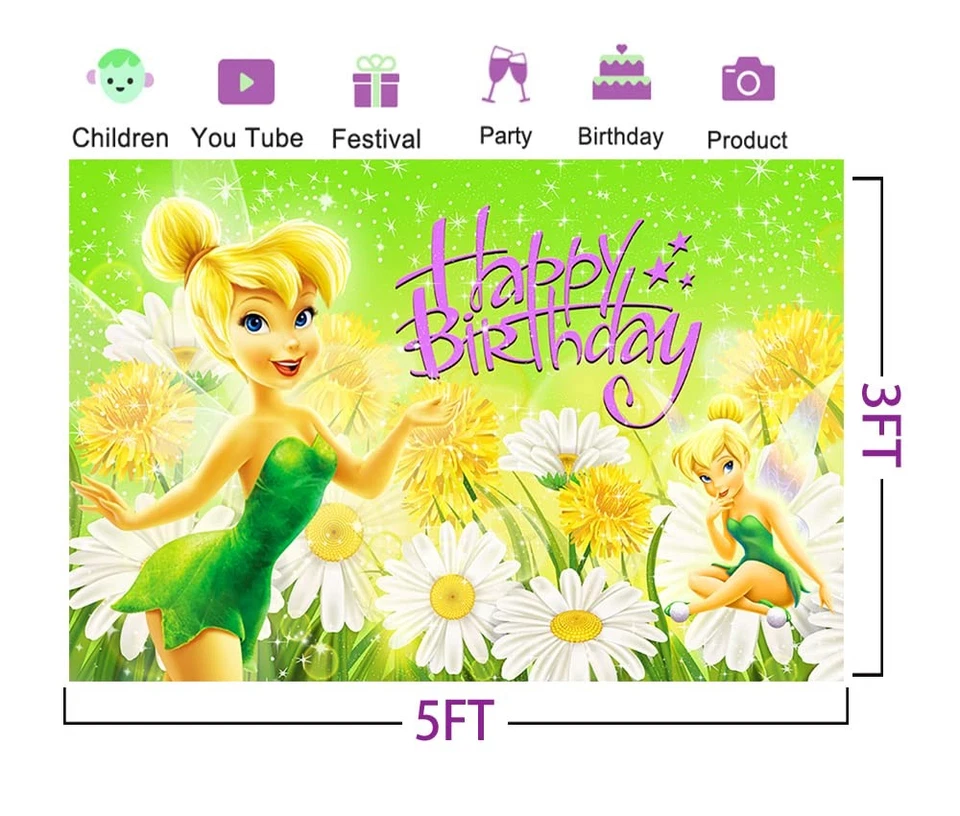 Basifoto Tinkerbell Birthday Party Backdrop 5x3ft Green Polyester - Image 2 of 4
