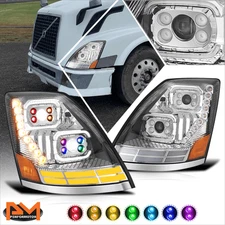 For 18-24 Volvo VN VNL RGB LED DRL Switchback Signal Projector Headlights Chrome