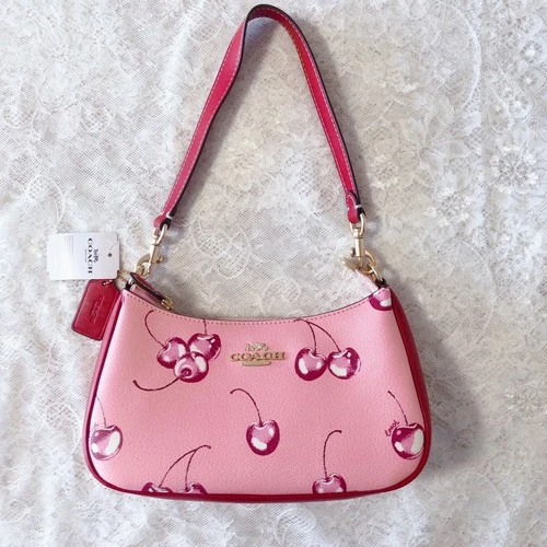 COACH Teri 2way Shoulder Bag Pink Canvas Leather Cherry Print CR290 Outlet New - Picture 15 of 16