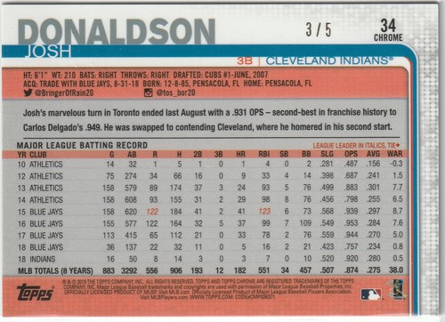 2019 Topps Chrome Sapphire Josh Donaldson Red Refractor /5 CLE Indians #34 - Bild 2 von 2
