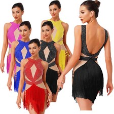 Womens Sleeveless Latin Dance Leotard Backless Rhinestone Bodysuit Tango Samba