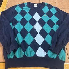 Lacoste Sweater Men  s 6 XL Blue Argyle Knitted 100 Cotton V-Neck Golf Pullover