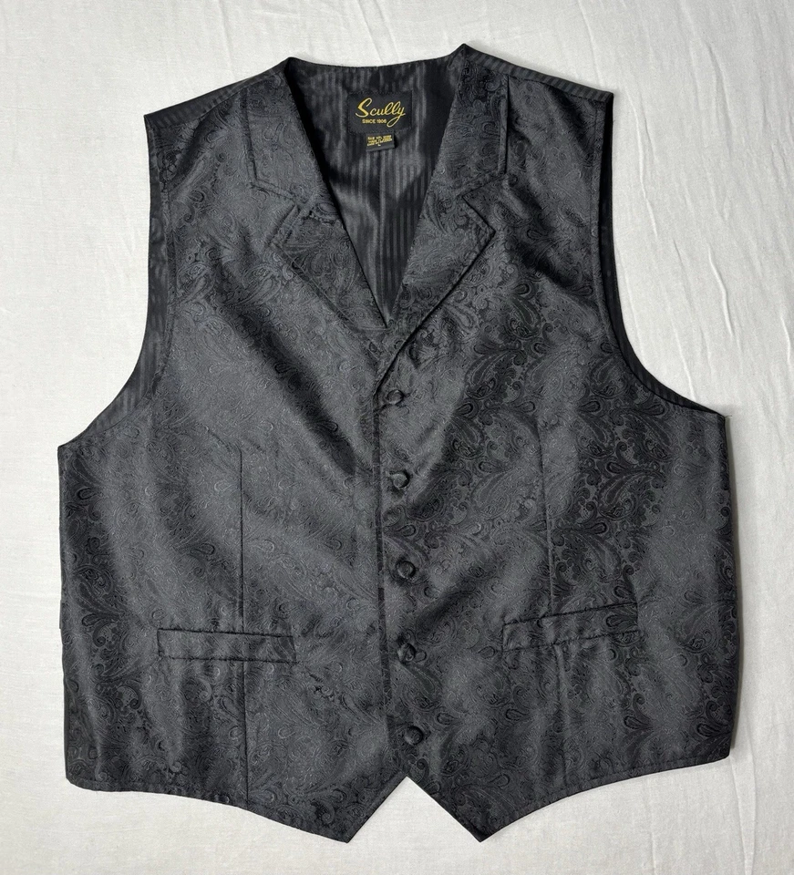 Scully Men’s Western Cowboy Paisley Black Vest Size Large Button - Image 2 of 4