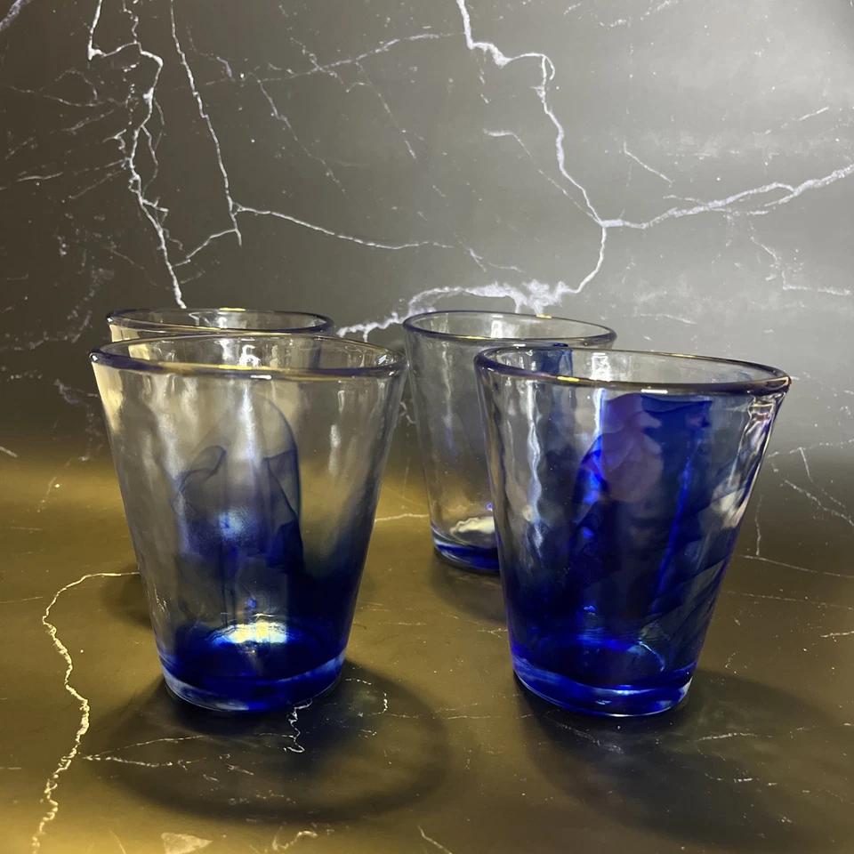 Set 4 Bormioli Rocco Murano Blue Swirl Glass Tumblers 4.25”H Italian Art 10 Oz - Image 2 of 4