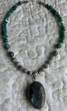 Large Silver Oval Labradorite Pendant Mix Gemstone Beaded Necklace- Handmade