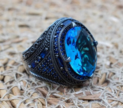 Ottoman Style Aquamarine Men's Ring 925 Sterling Silver Turkish Ring Duty free