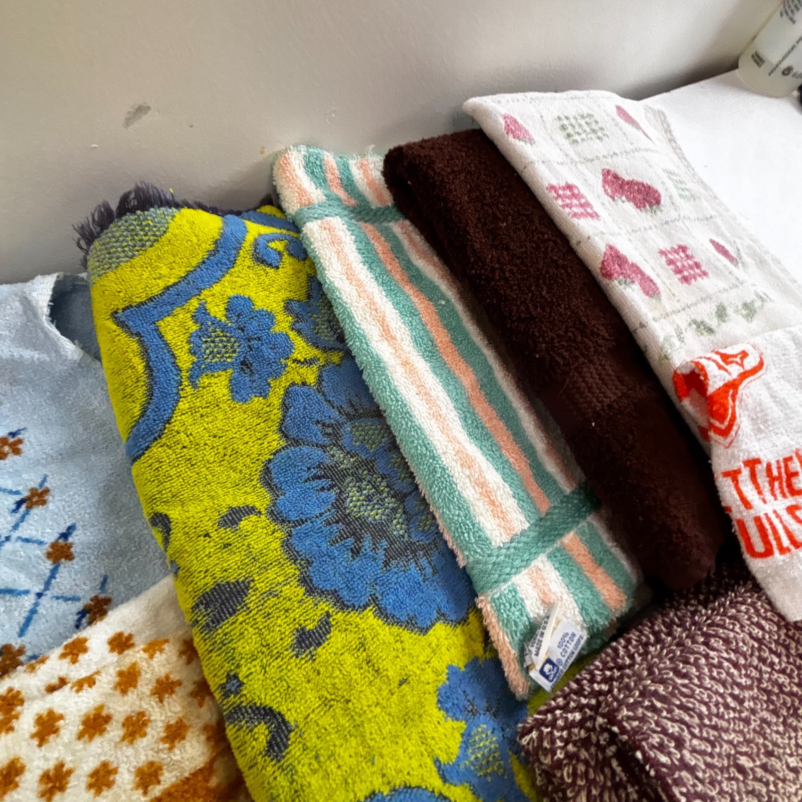 Vintage Terrycloth Towel Lot Floral Striped Kitchen Bath Linens Cotton Retro 70s