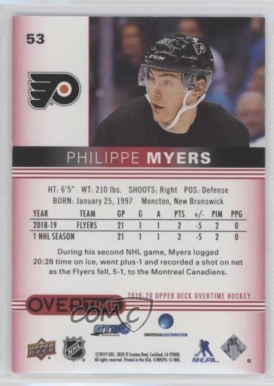 2019-20 Upper Deck Overtime Red Foil /99 Philippe Myers #53 Rookie RC - Image 2 of 2
