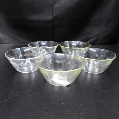 5 PYREX 445 Clear Glass Custard Cups Ramekin Bowls 3 Rings Smooth Edge