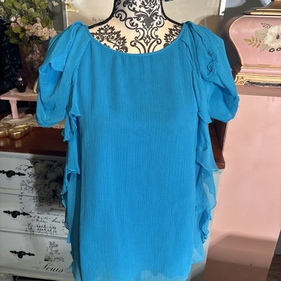 Tibi 100% Silk Teal Ruffle Blouse With Lining Sz 8