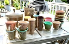 Vintage, lot of 21 MCM Raffia ware, picnic set, Plastic Melamine w burlap Weave 