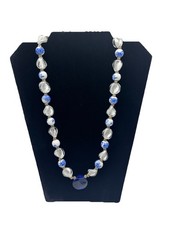 Vintage Glass Beaded Necklace Blue White Clear 20 Inch