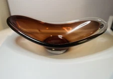 Vintage Art Glass Bowl Scandinavian Danish Style Modern Brown Dish Oval