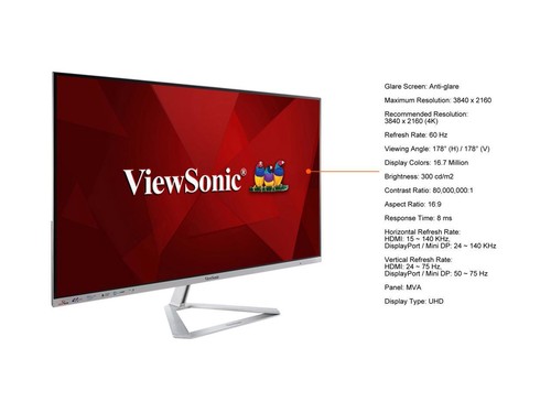 ViewSonic 31.5" (Viewable) 60 Hz VA UHD Monitor 8 ms Flat Panel VX3276-4K-MHD - Picture 4 of 5