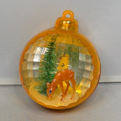 60er Jahre konkave Diorama Christbaumkugel - Hirsch/Baum Spiegelkugel Vintage 60s