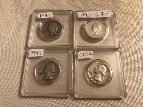 4 Washington Silver Quarters Circulated 1943, 1944, 1952 & 1993 S Proof