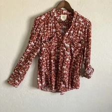 Athropologie Maeve Blouse Womens 10 Safari Animal Print Button Up Roll Tab Top