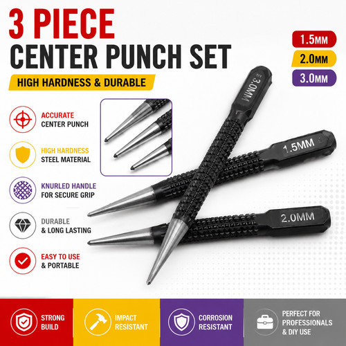3 Pc STEEL CENTRE PUNCH SET POINT MARKING METAL WOOD 1/16" 3/32" 1/8" DIY TOOLS