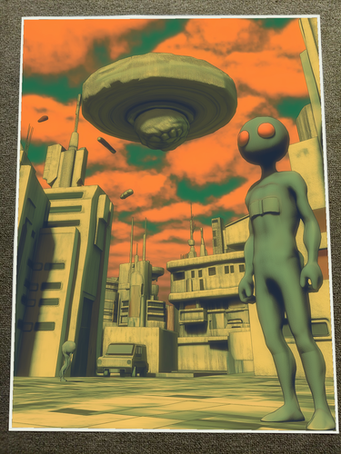 Sci-Fi Alien und fliegende Untertasse in einer futuristischen Stadt Poster 18 x 24 Zoll