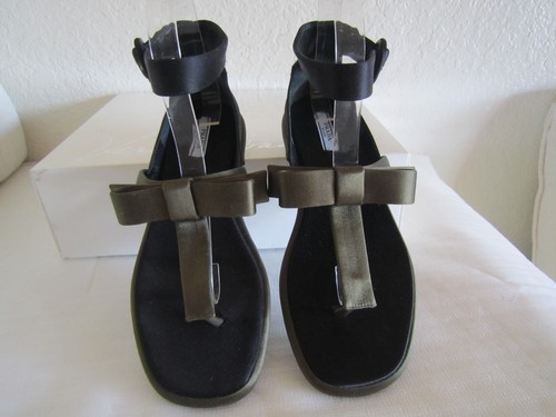 PRADA TWO TONE BLACK OLIVE SATIN BOW THONG FLAT GLADIATOR SANDALS 37.5 7 - Picture 2 of 11