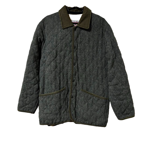 HARRIS TWEED Quilted Jacket Size 38 khaki green 100% Wool Japan Used - 第 1/8 張圖片