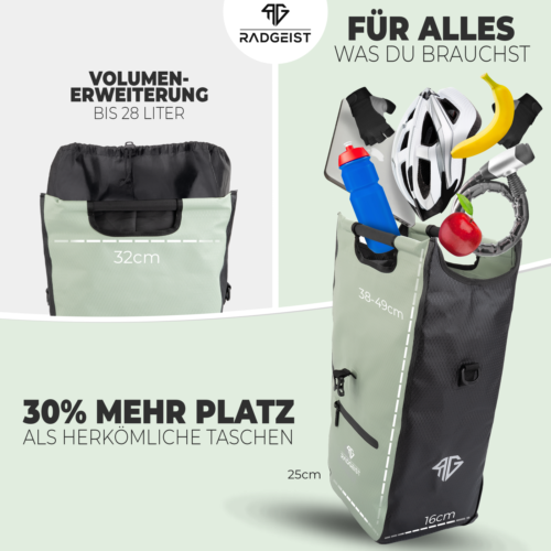 RADGEIST Shopper Fahrradtasche für Gepäckträgertasche 25L mint + Kühltasche - Bild 4 von 8
