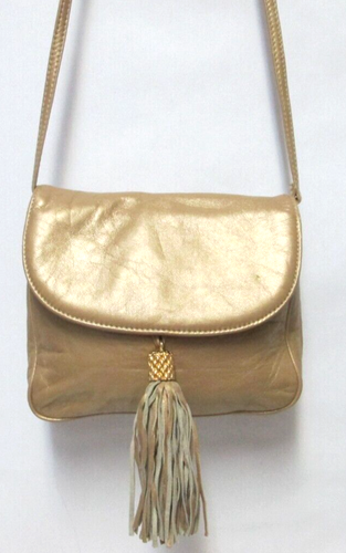 Ganson Vintage gold Leather shoulder crossbody bag purse back pocket tassel