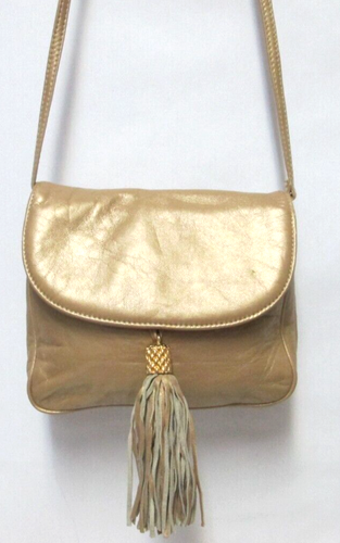 Ganson Vintage gold Leather shoulder crossbody bag purse back pocket tassel - Picture 1 of 20