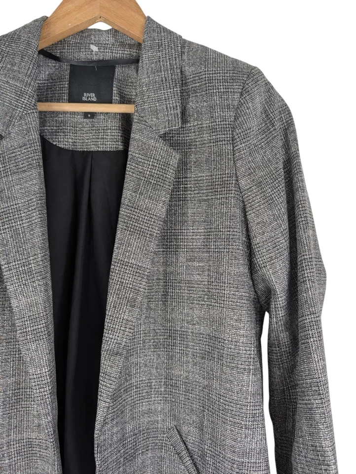 River Island Grey Blazer Silver Check Jacket, Open Front 3/4 Sleeve, Size 8 - Image 3 of 4