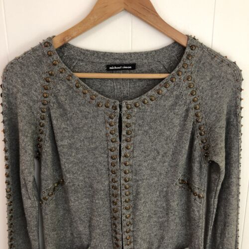 MICHAEL SIMON Silk Cashmere Blend Grey Beaded Knit Cardigan Soft Classic Small - Picture 3 of 14