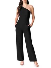 DRESS the POPULATION Black One Shoulder Oversze Bow Wide Leg Pant Jumpsuit S 4/6