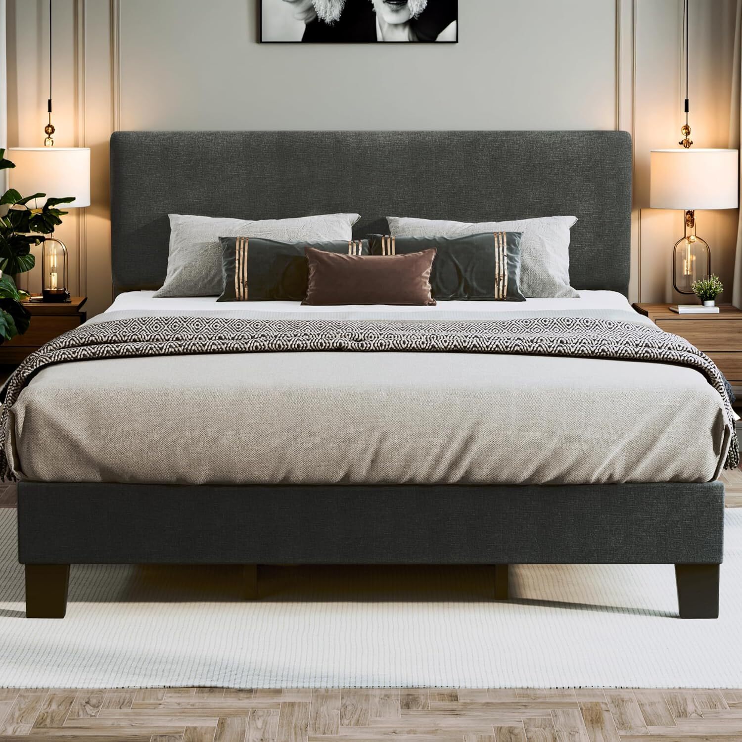 Bed frame with adjustable headboard, upholstered bed platform, linen headboard-image