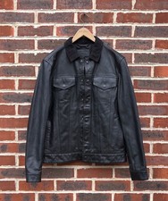 All Saints Mens Leather Trucker Jacket MEDIUM Black Biker AllSaints Bomber Moto