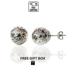 14k Solid White Gold Crystal Cut Ball Stud Push Back Butterfly Earrings
