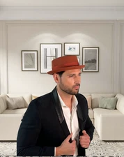 Men's Pork Pie 100% Wool Felt Small Brim Round Top Fedora Adjustable Draw String