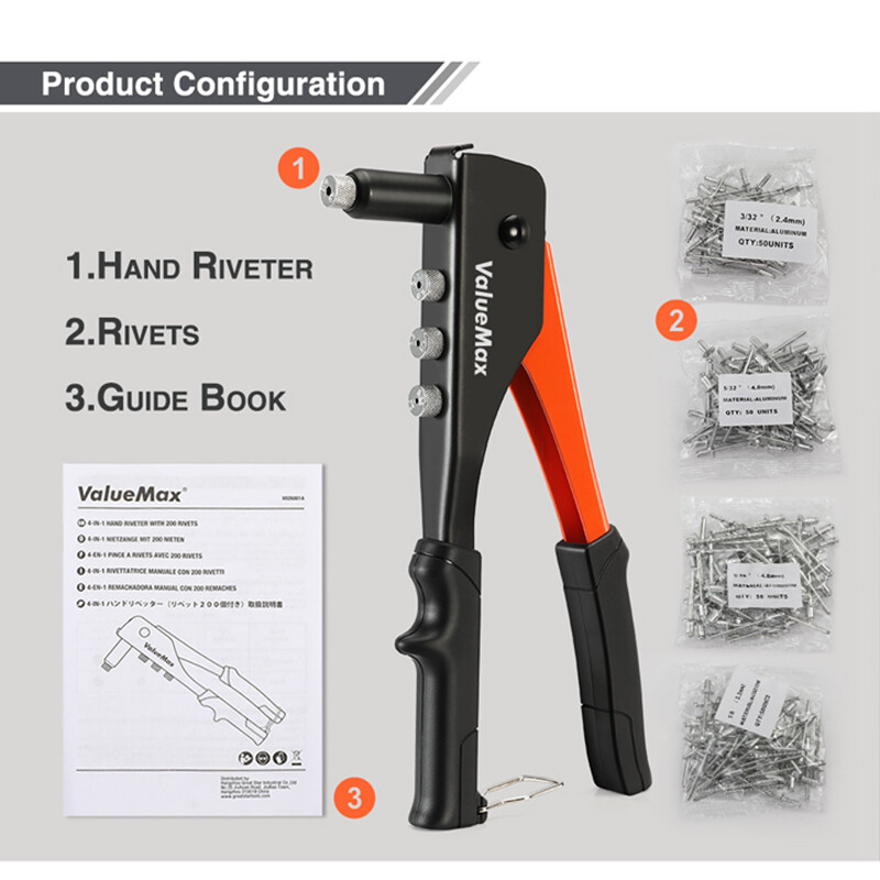 ValueMax 4-in-1 Hand Riveter/Rivet Gun Pop Rivet Tool Kit 200 Rivets 4 ...