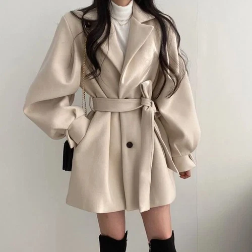 Women's Woolen Coat Autumn Winter Mid Length Lapel Belt Jacket Elegant Outwear - Picture 10 of 16