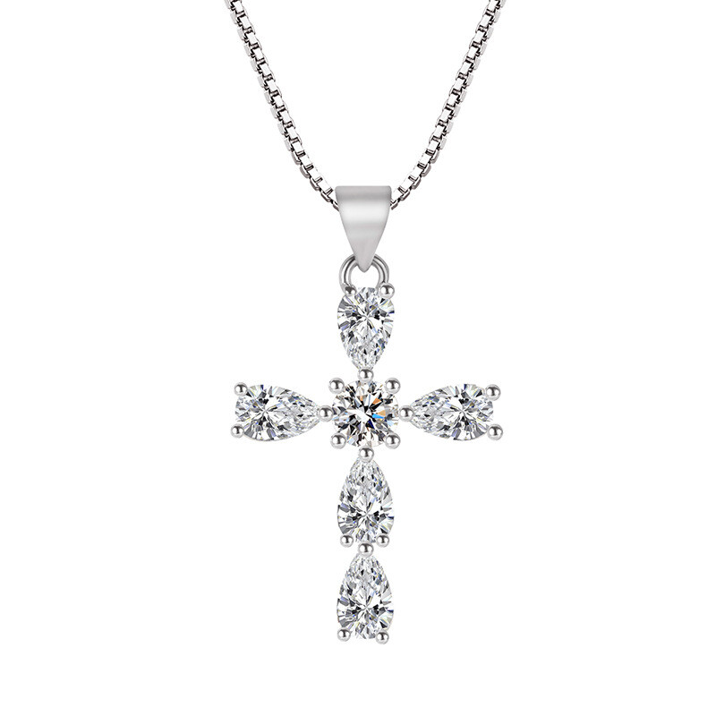Cross Waterdrop Stone 925 Sterling Silver Pendant Chain Necklace Women