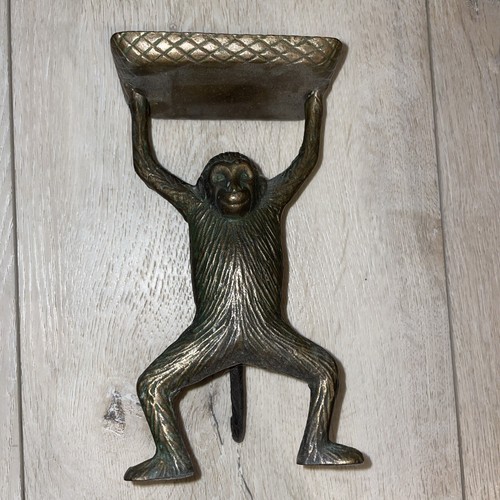 VINTAGE Bronze Brass Monkey Figurine Holding up a Business Card Tray Holder 7"