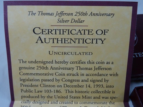 1993-P Thomas Jefferson Unc Silver Dollar Commemorative US Mint $1 BU Box & CoA - Picture 5 of 5