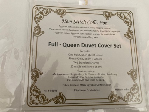 Hem Stitch 400 Count White Cotton Sateen Duvet Set Full-Queen White - Picture 3 of 3