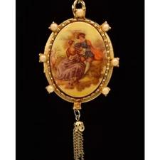 Vintage Locket Pendant Camero Porcelain Portrait Gold Monet Chain Tassel BinBC