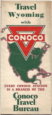 1939 CONOCO OIL Gas Station Road Map WYOMING Cheyenne Casper Yellowstone Tetons