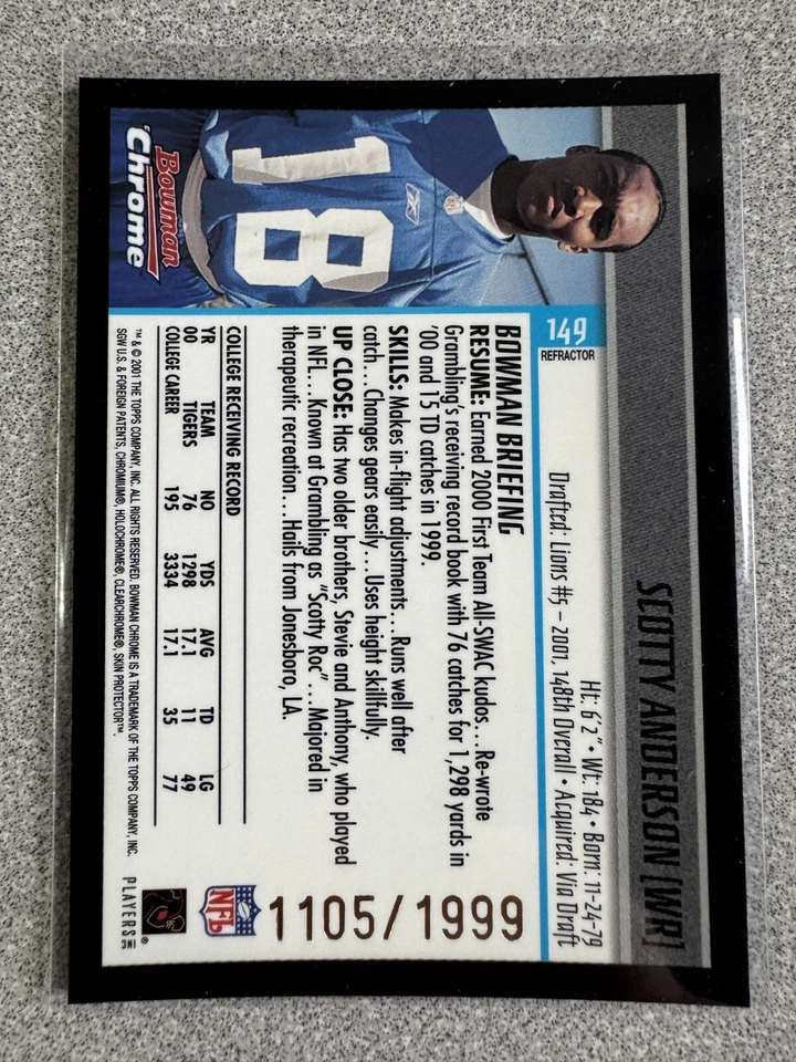 2001 Bowman Chrome Scotty Anderson Rookie Refractor Card /1999 #149 Lions - Image 2 of 2