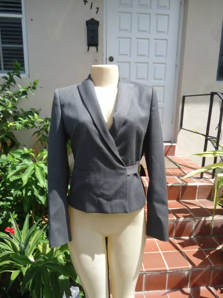 VALENTINO ROMA GRAY SNAP FRONT LOGO BELT DETAIL JACKET SZ 6(40) MADE IN ITALY