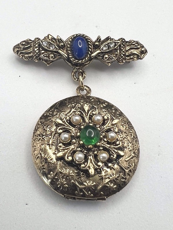 Vintage Locket Gold Tone Pin Brooch Dangle Faux Gemstones Ornate