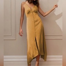 Jenny Yoo Mustard Yellow Satin Slip Dress Midi Leopard Vneck Button Front 18