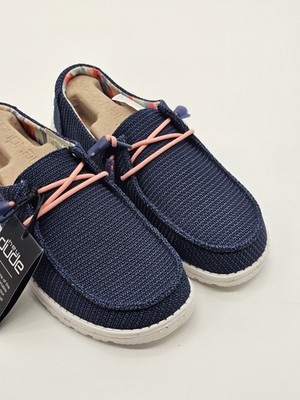 Hey Dude Wendy Knit II Blue Women's 8 Slip On Shoes Iris Pink Laces Canvas NEW